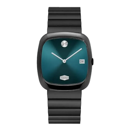 Watch with black band and teal face on a white background