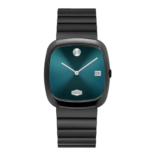 Watch with black band and teal face on a white background
