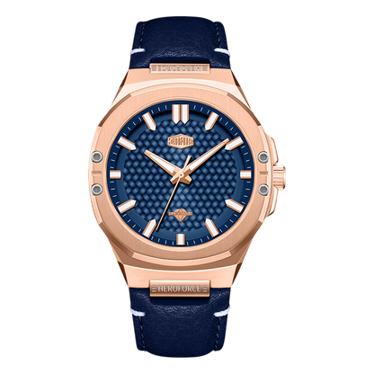 Watch with blue face and rose gold case on white background