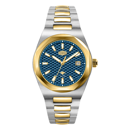 Watch with blue face, gold accents, and silver and gold band on white background