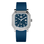 Watch with blue strap and blue face on a white background