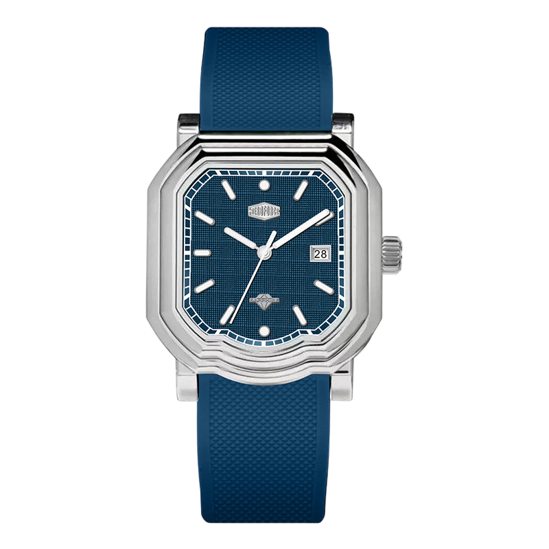 Watch with blue strap and blue face on a white background