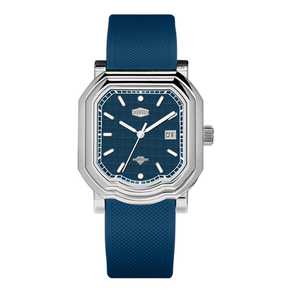 Watch with blue strap and blue face on a white background