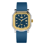 Watch with blue strap and gold case on a white background