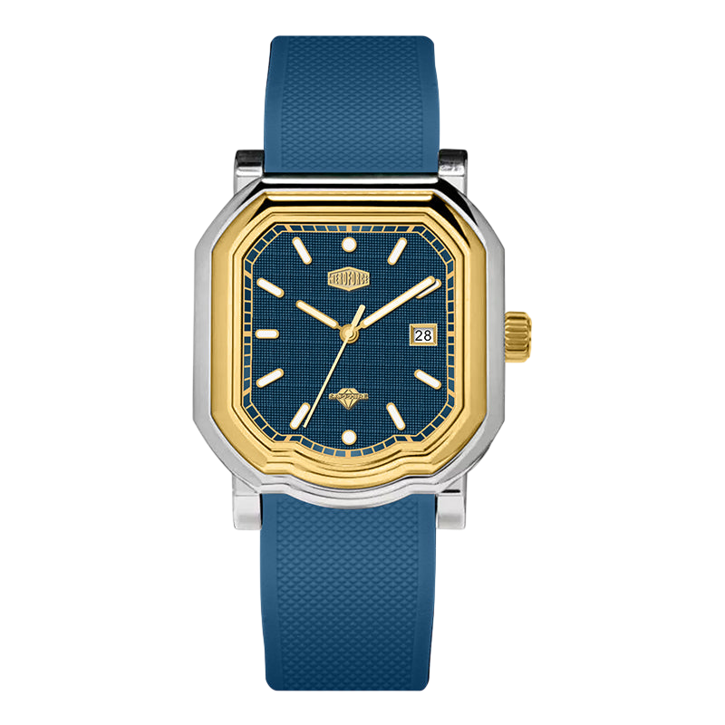 Watch with blue strap and gold case on a white background