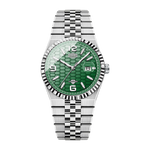 Watch with green face and silver metal strap on white background