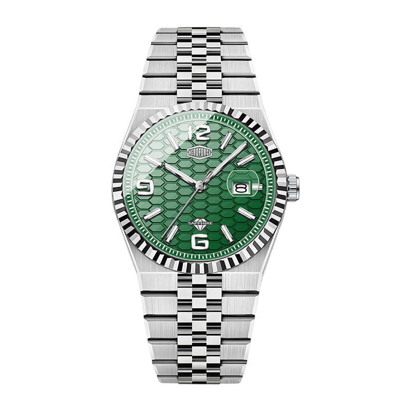 Watch with green face and silver metal strap on white background