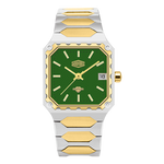 Watch with green face and gold and silver band on white background