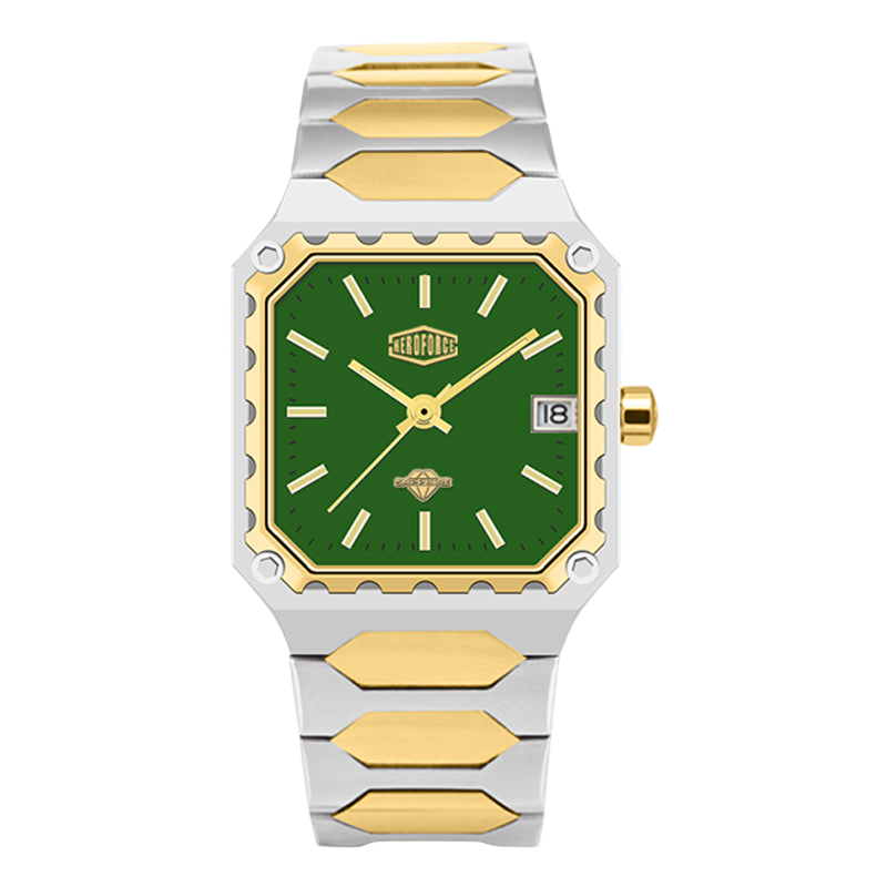 Watch with green face and gold and silver band on white background