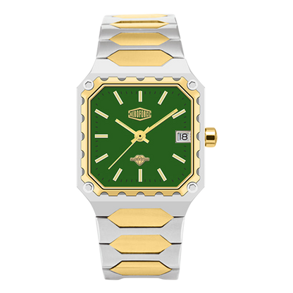 Watch with green face and gold and silver band on white background