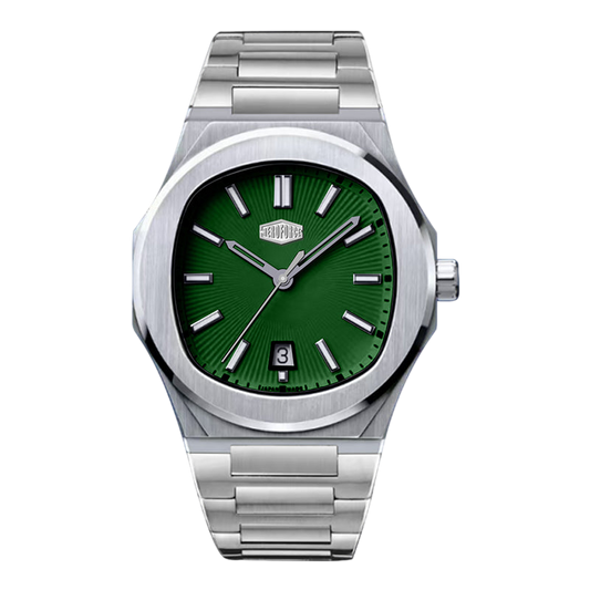 Watch with green face and silver metal strap on white background