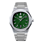 Watch with green face and silver metal strap on white background