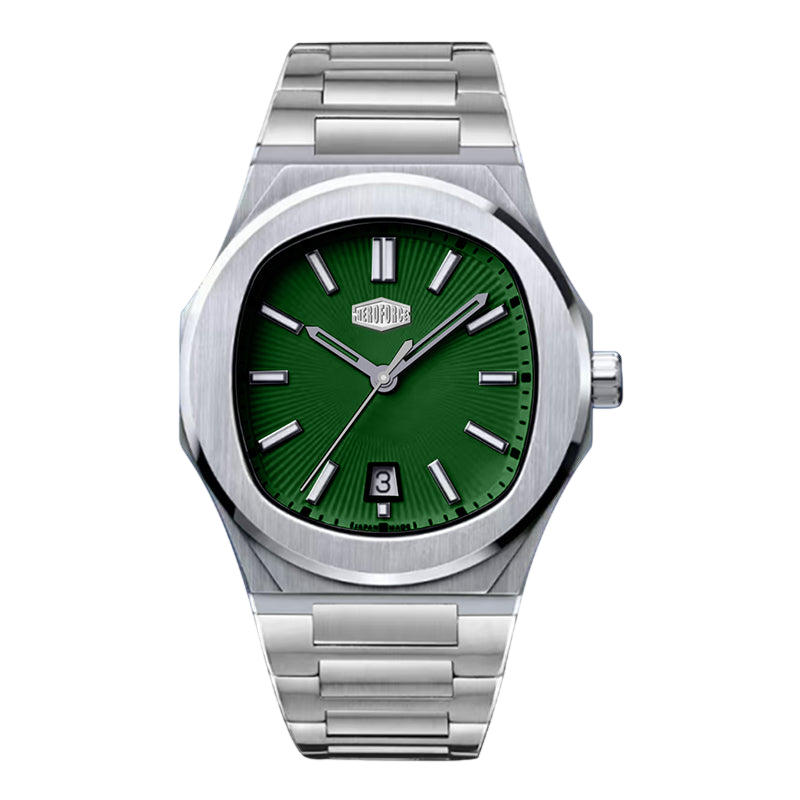 Watch with green face and silver metal strap on white background