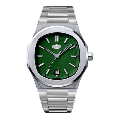 Watch with green face and silver metal strap on white background