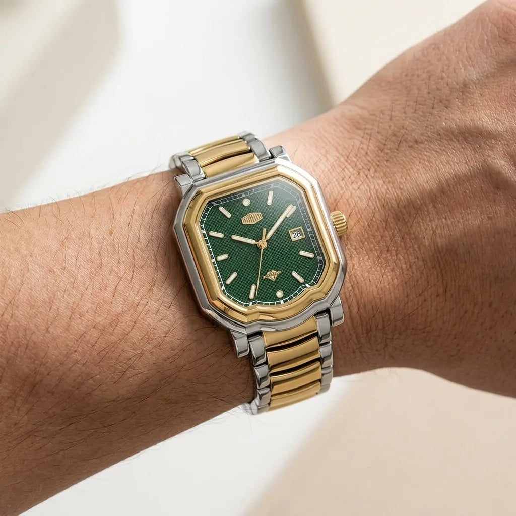 Wrist shot, modern luxury, soft daylight, Two tone stainless steel wristwatch with green textured