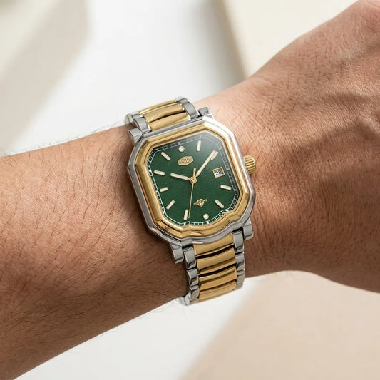 Wrist shot, modern luxury, soft daylight, Two tone stainless steel wristwatch with green textured