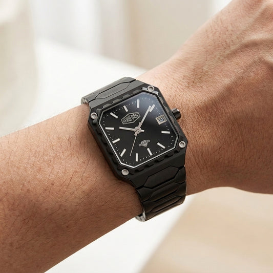 A black rectangular analog watch with a matching black link bracelet, worn on a person's wrist.