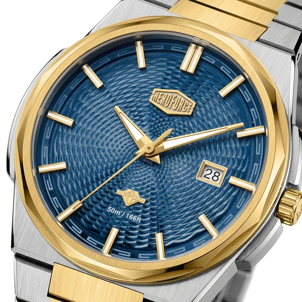 A close-up of a two-tone stainless steel and gold wristwatch with a textured blue dial, gold-tone markers and hands, and a date window at 3 o'clock.