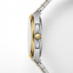 Close-up side profile of a two-tone stainless steel and gold watch with a matching metal link bracelet on a clean white background.