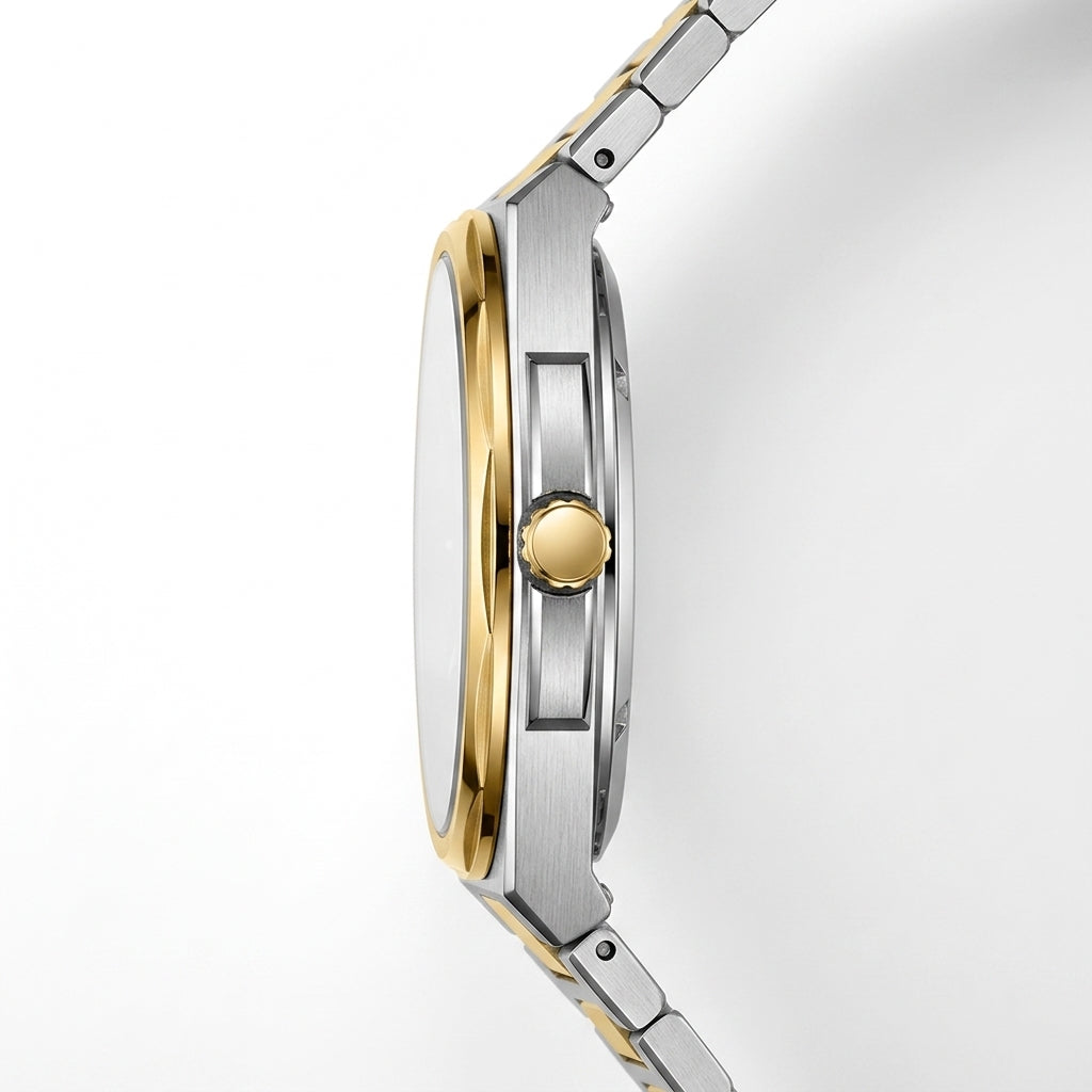 Close-up side profile of a two-tone stainless steel and gold watch with a matching metal link bracelet on a clean white background.