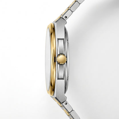 Close-up side profile of a two-tone stainless steel and gold watch with a matching metal link bracelet on a clean white background.