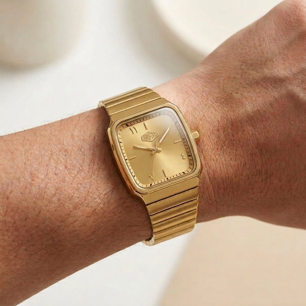 A gold-tone rectangular analog watch with a matching metal link bracelet, worn on a person's wrist against a soft light beige background.