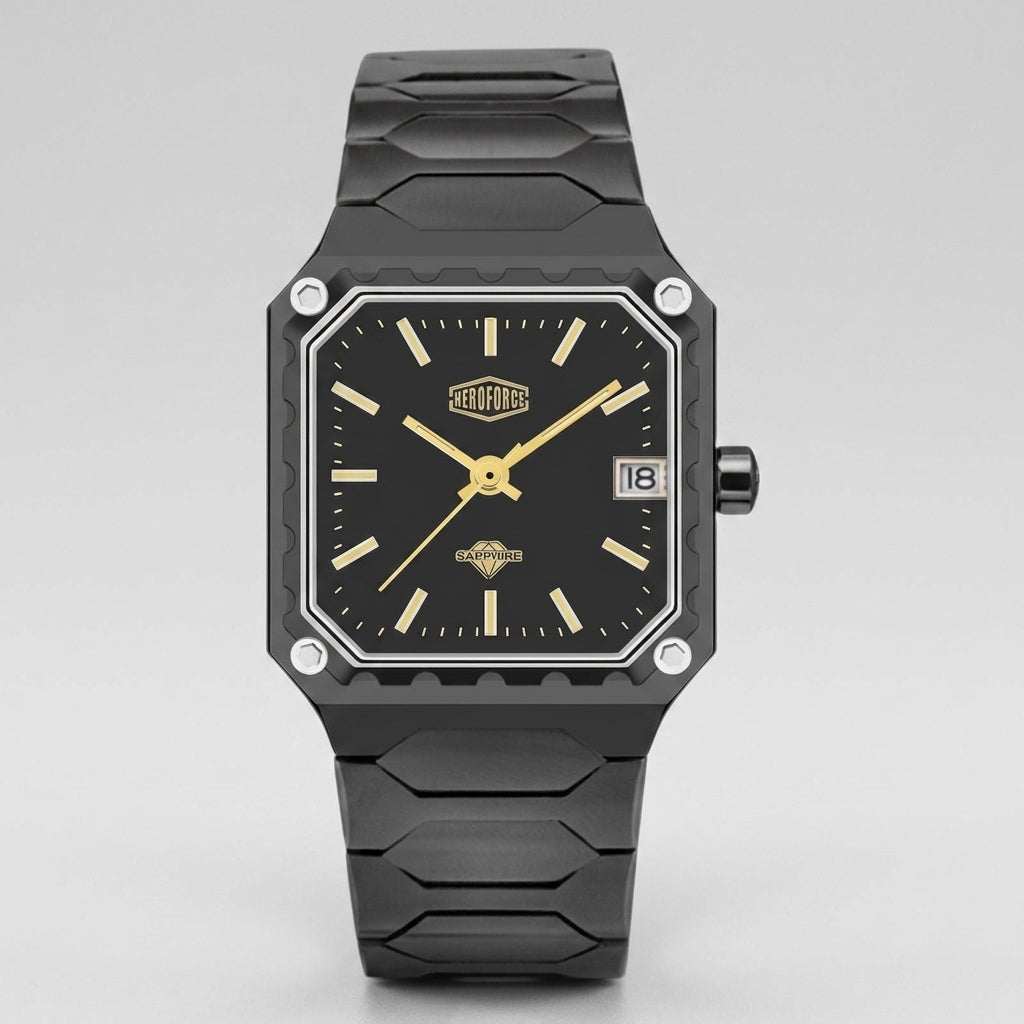 A rugged black watch with a textured octagonal case, black dial, gold-tone hands and indices, and a black segmented strap