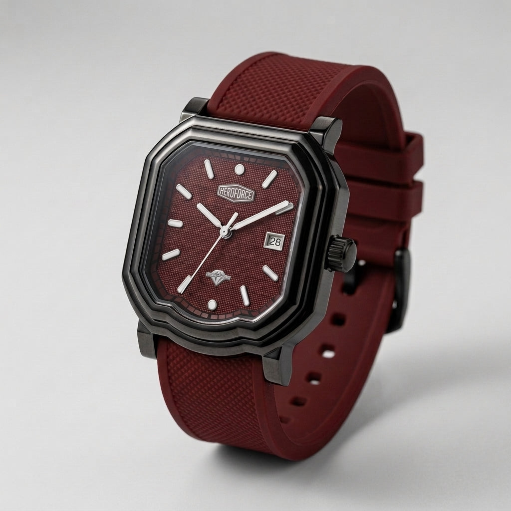A rugged octagonal analog watch with a dark gunmetal gray case, a textured burgundy dial