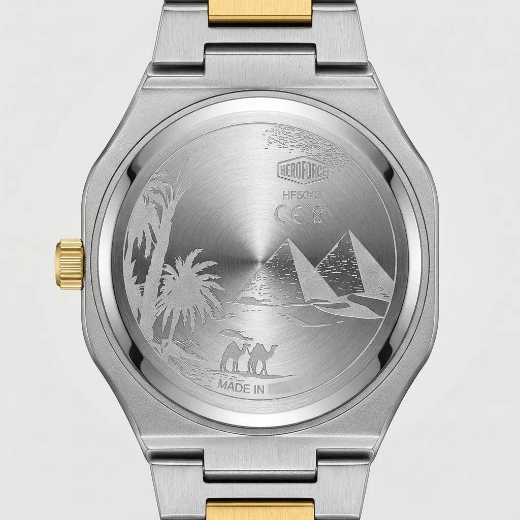 A two-tone stainless steel and gold wristwatch shown from the back, featuring an engraved silver