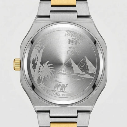 A two-tone stainless steel and gold wristwatch shown from the back, featuring an engraved silver