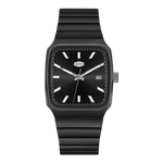 A modern square analog watch with a matte black case, black dial, and a ribbed black silicone strap, shown against a plain white background.