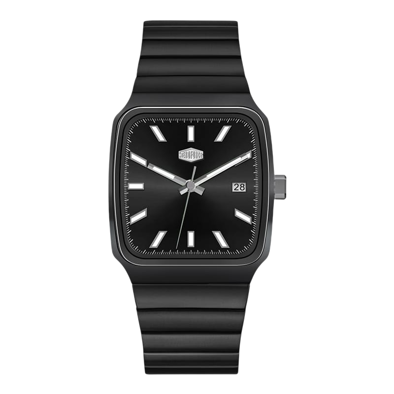 A modern square analog watch with a matte black case, black dial, and a ribbed black silicone strap, shown against a plain white background.