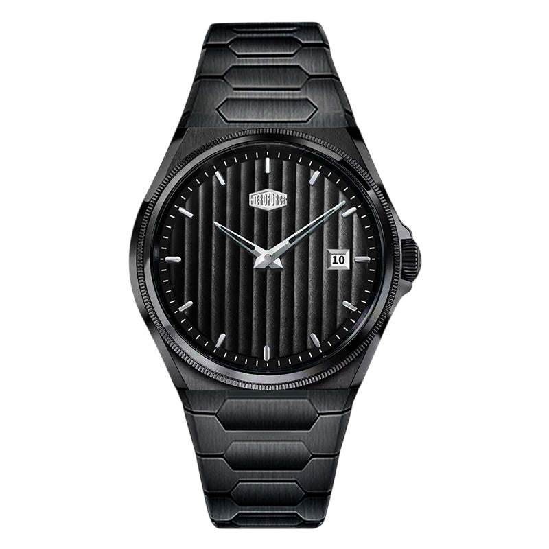 all black monochromatic, black striped dial