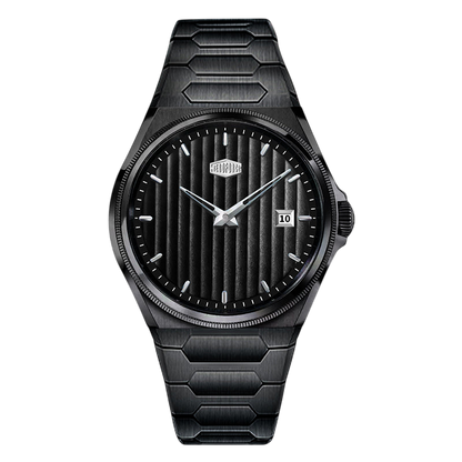 all black monochromatic, black striped dial