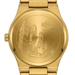 Back view - Gold tone stainless steel wristwatch with a green wave patterned dial and date display.