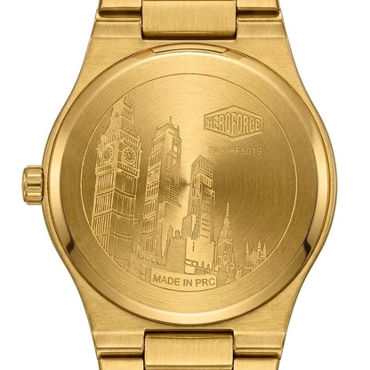 Back view - Gold tone stainless steel wristwatch with a green wave patterned dial and date display.