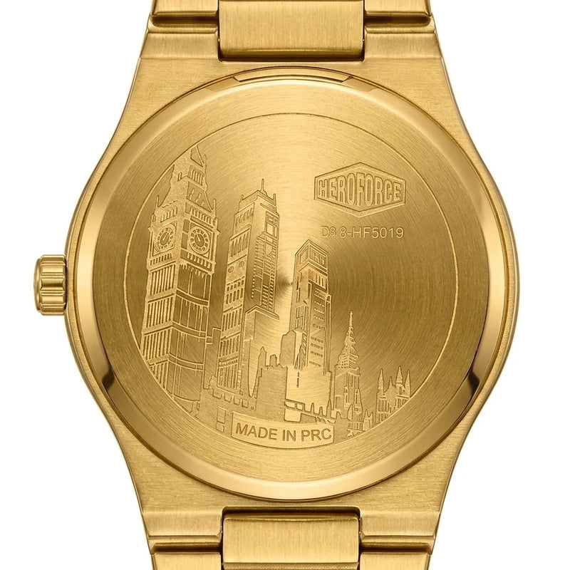 Back view - Gold tone stainless steel wristwatch with a green wave patterned dial and date display.