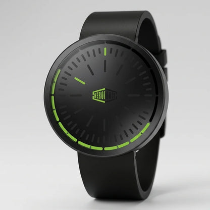 A black minimalist smartwatch with a matte black strap and bezel, featuring bright neon green accents on the dial
