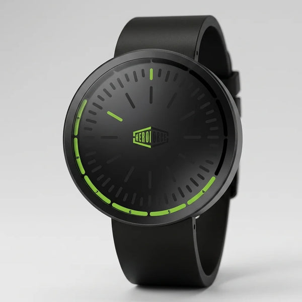 A black minimalist smartwatch with a matte black strap and bezel, featuring bright neon green accents on the dial