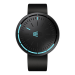 A minimalist round smartwatch with a matte black strap and face, featuring glowing cyan-blue segmented hour markers and hands, and a black geometric logo in the center.
