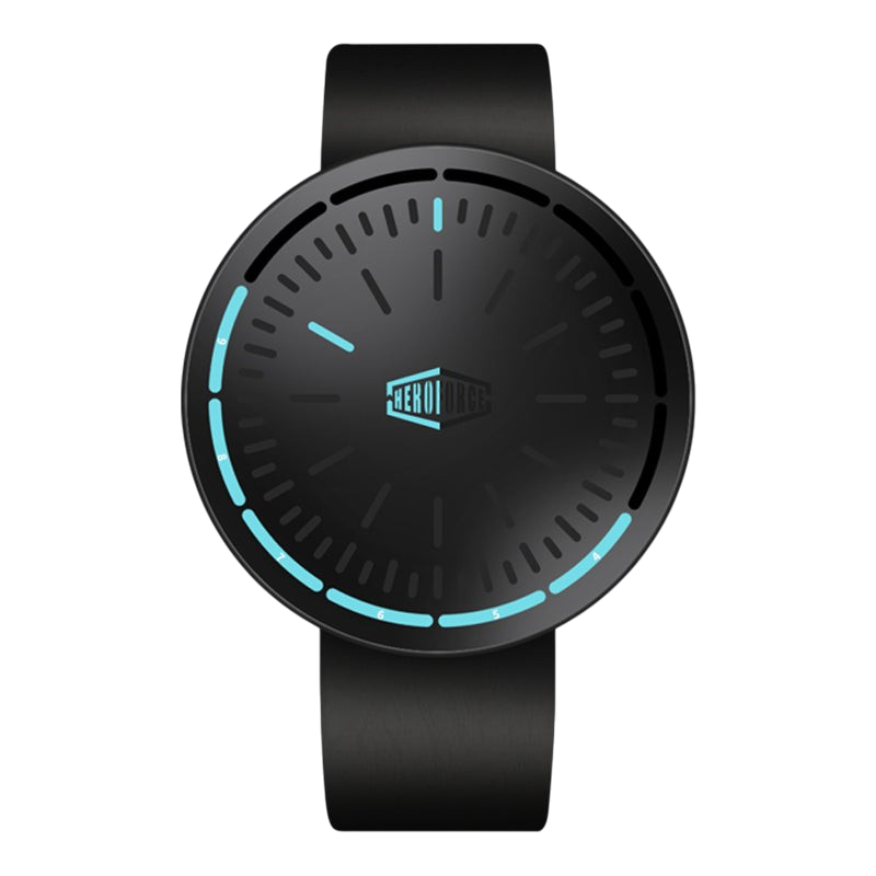 A minimalist round smartwatch with a matte black strap and face, featuring glowing cyan-blue segmented hour markers and hands, and a black geometric logo in the center.