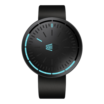 A minimalist round smartwatch with a matte black strap and face, featuring glowing cyan-blue segmented hour markers and hands, and a black geometric logo in the center.