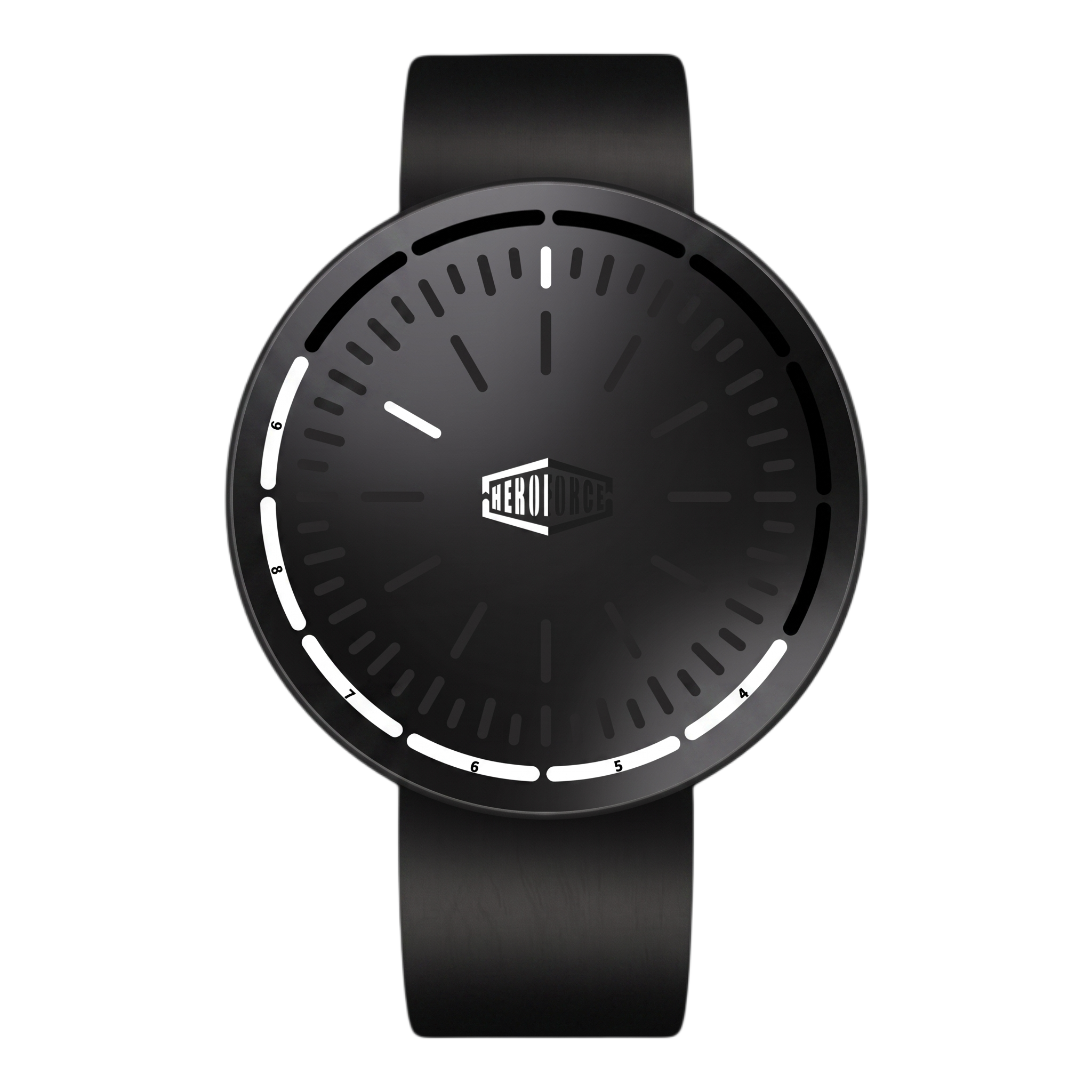 A minimalist black analog watch with a matte black strap, a black round case, and a black dial featuring white markings and hands, centered on a solid black background.