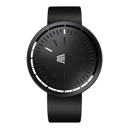 A minimalist black analog watch with a matte black strap, a black round case, and a black dial featuring white markings and hands, centered on a solid black background.