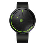A black analog watch with a matte black strap and a circular black dial featuring bright neon green accents, including a green second hand, green hour markers, and a green brand logo in the center.