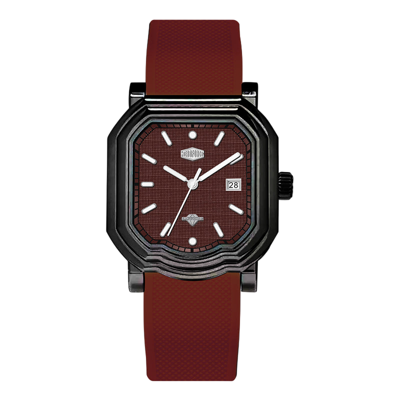 A men's analog watch with an angular black metal case, a textured dark red dial