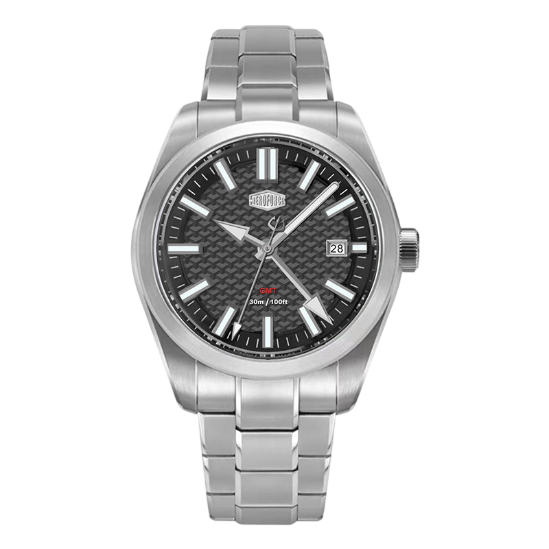 A silver stainless steel wristwatch with a textured black dial, silver-tone hour markers