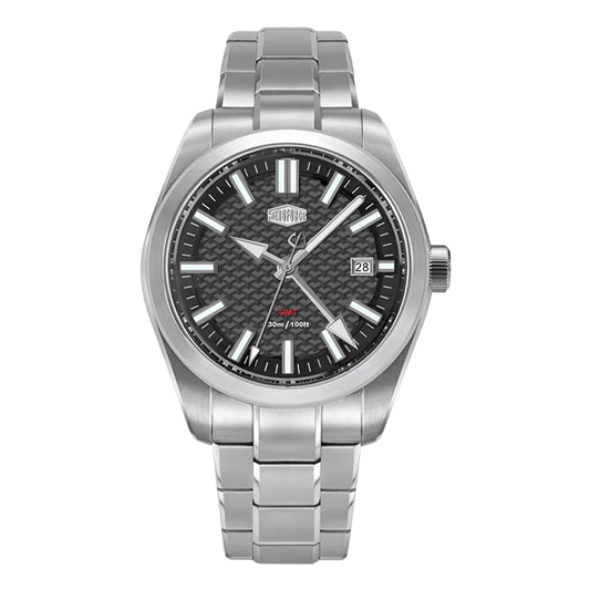 A silver stainless steel wristwatch with a textured black dial, silver-tone hour markers