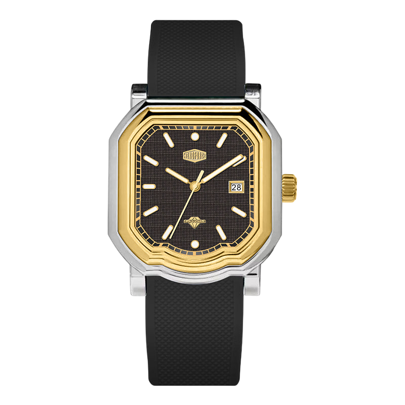 A men's analog watch with an octagonal two-tone stainless steel and gold case, a black textured dial
