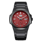A HeroForce wristwatch with a brushed black metal case and link bracelet, featuring a vibrant red sunburst dial with silver-tone indices and hands.